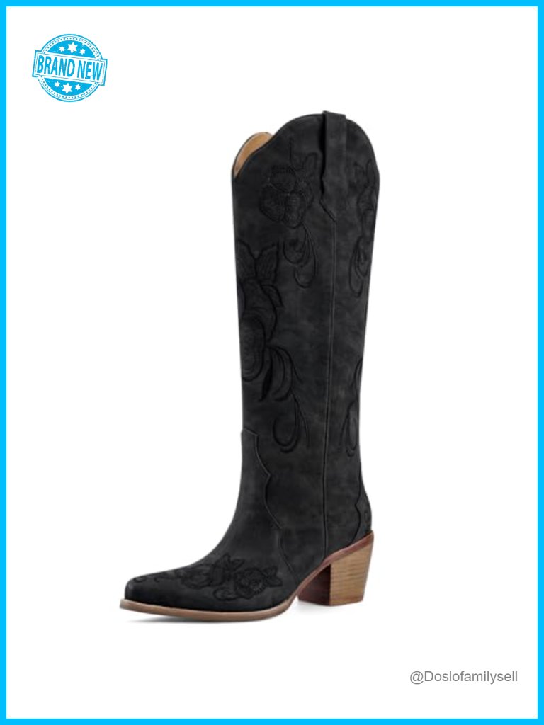 Knee High Cowgirl Boots Snip Toe Floral Embroidery Chunky Heel